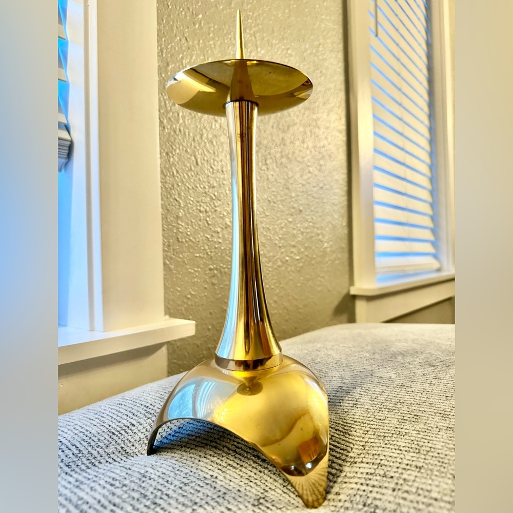 Large Vintage Brass candlestick Holder with Atomic Star Base